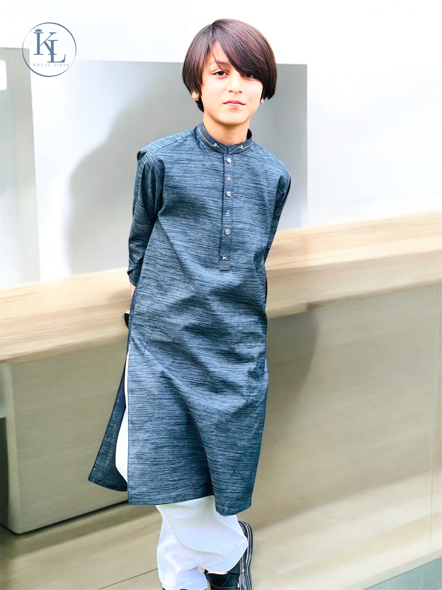 Dark Grey Kameez With White Shalwar
