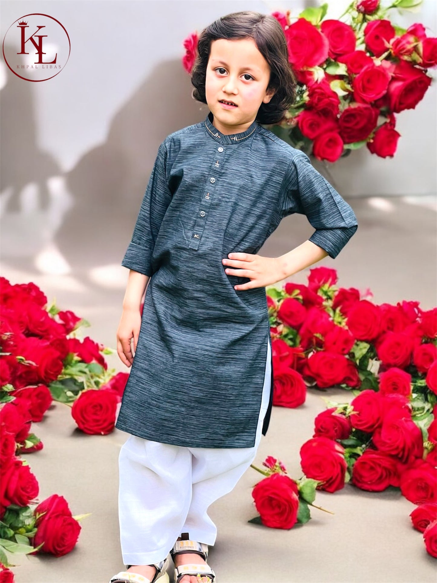 Dark Grey Kameez With White Shalwar