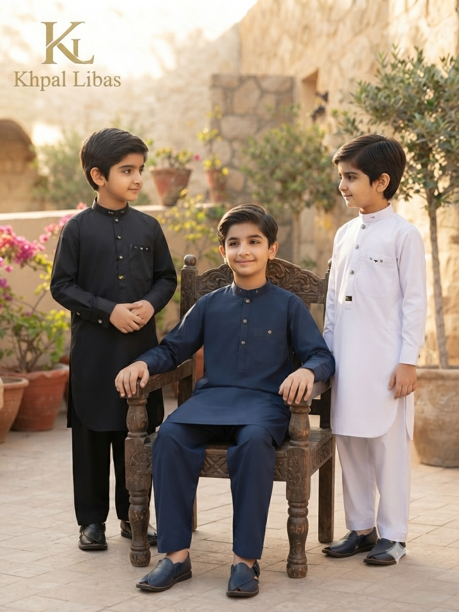 WHITE Kameez and Shalwar (Kl-S- WHITE-BLACK AND BLUE