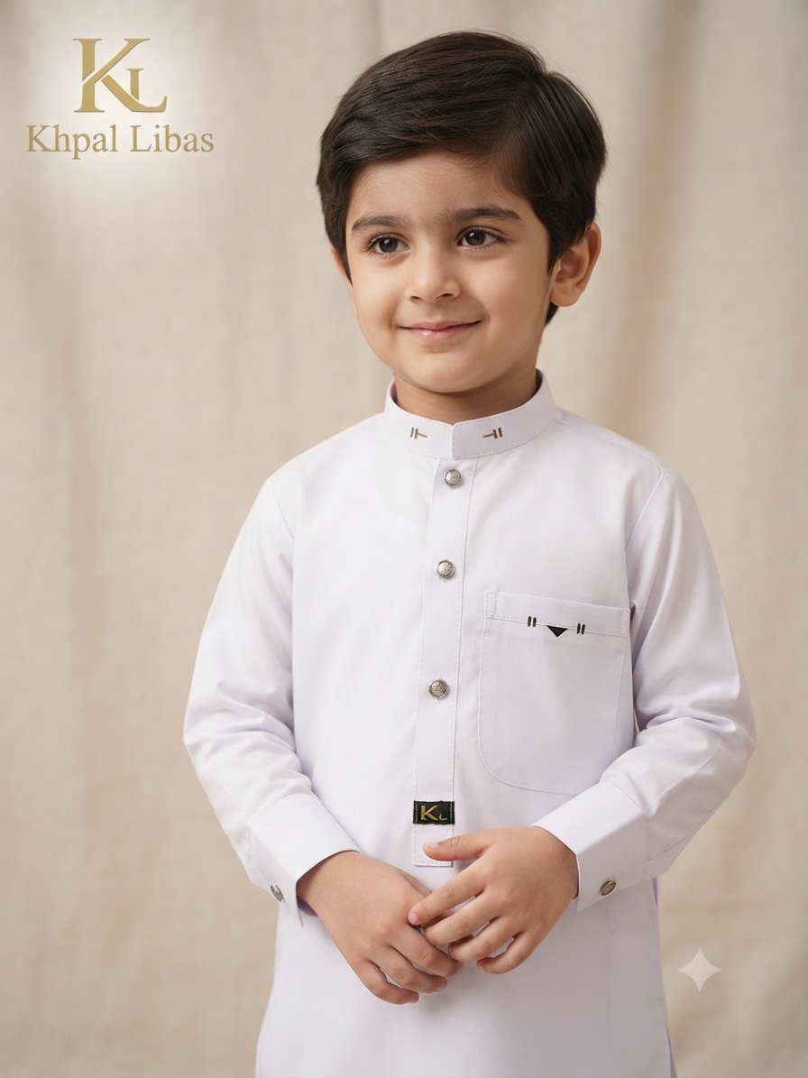 WHITE Kameez and Shalwar (Kl-S- WHITE-BLACK AND BLUE